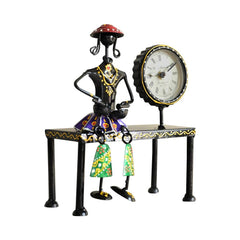 Handmade Metal Lady Musician Clock | Folk Art Boho Desk Decor, Black Finish