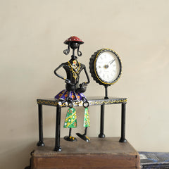 Handmade Metal Lady Musician Clock | Folk Art Boho Desk Decor, Black Finish
