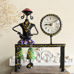 Handmade Metal Lady Musician Clock | Folk Art Boho Desk Decor, Black Finish