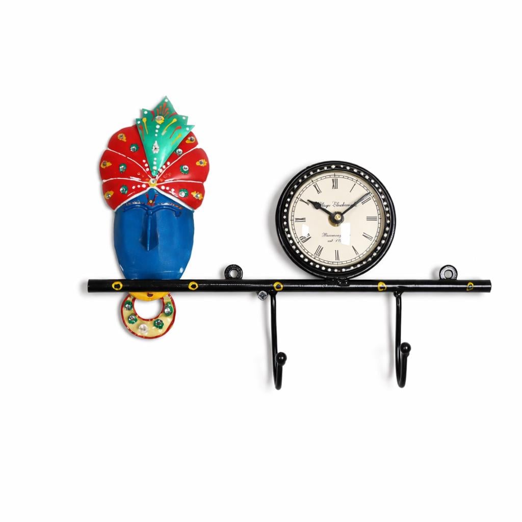 Handmade Krishna Clock Key Holder | Indian Folk Art Wall Decor, Boho Organizer