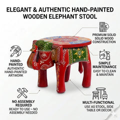 Hand Painted Elephant Side Table, Carved Wooden Boho Decor, Rajasthani Folk Art Plant Stand, Indian Accent Table, Black