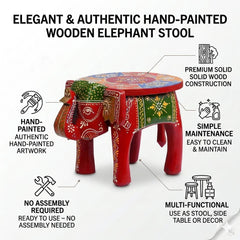 Hand Painted Elephant Side Table, Carved Wooden Boho Decor, Rajasthani Folk Art Plant Stand, Indian Accent Table, Red