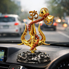 Golden Trishul Om Damru Idol, Shiva Hindu Symbol, Sacred Trident Figurine, Spiritual Decor, Mahadev Gift
