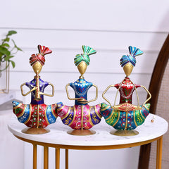 Set of 3 Indian Musician Figurines | Hand-Painted Metal Folk Art Sculpture