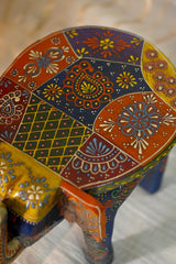 Hand Painted Elephant Side Table, Carved Wooden Boho Decor, Rajasthani Folk Art Plant Stand, Indian Accent Table, Blue