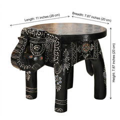 Hand Painted Elephant Side Table, Carved Wooden Boho Decor, Rajasthani Folk Art Plant Stand, Indian Accent Table, Black