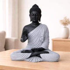 Buddha Statue 15 Inch, Abhaya Mudra Zen Sculpture, Resin Meditation Decor, Black Grey Finish, Yoga Room Housewarming Gift
