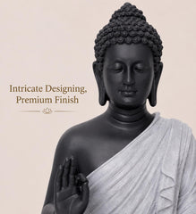 Buddha Statue 15 Inch, Abhaya Mudra Zen Sculpture, Resin Meditation Decor, Black Grey Finish, Yoga Room Housewarming Gift