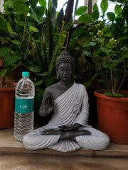 Buddha Statue 15 Inch, Abhaya Mudra Zen Sculpture, Resin Meditation Decor, Black Grey Finish, Yoga Room Housewarming Gift