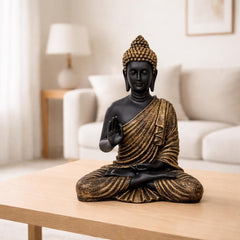 Buddha Statue 15 Inch, Abhaya Mudra Zen Sculpture, Resin Meditation Decor, Black Gold Finish, Yoga Room Housewarming Gift