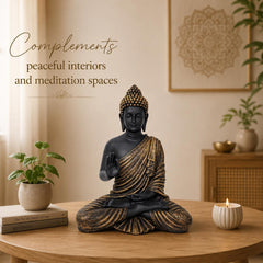 Buddha Statue 15 Inch, Abhaya Mudra Zen Sculpture, Resin Meditation Decor, Black Gold Finish, Yoga Room Housewarming Gift