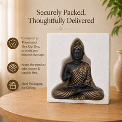 Buddha Statue 15 Inch, Abhaya Mudra Zen Sculpture, Resin Meditation Decor, Black Gold Finish, Yoga Room Housewarming Gift