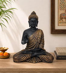 Buddha Statue 15 Inch, Abhaya Mudra Zen Sculpture, Resin Meditation Decor, Black Gold Finish, Yoga Room Housewarming Gift