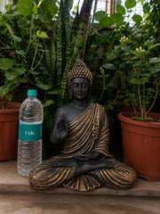 Buddha Statue 15 Inch, Abhaya Mudra Zen Sculpture, Resin Meditation Decor, Black Gold Finish, Yoga Room Housewarming Gift