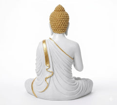 Buddha Statue 15 Inch, Abhaya Mudra Zen Sculpture, Resin Meditation Decor, White Gold Finish, Yoga Room Housewarming Gift