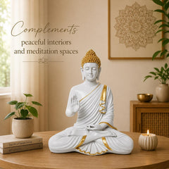 Buddha Statue 15 Inch, Abhaya Mudra Zen Sculpture, Resin Meditation Decor, White Gold Finish, Yoga Room Housewarming Gift