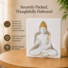 Buddha Statue 15 Inch, Abhaya Mudra Zen Sculpture, Resin Meditation Decor, White Gold Finish, Yoga Room Housewarming Gift