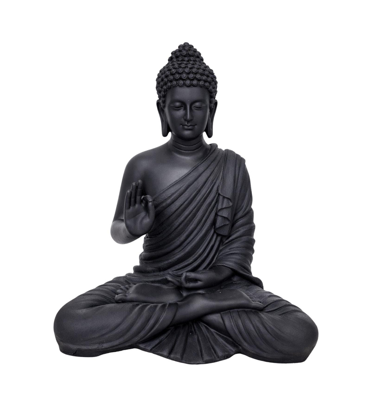 Buddha Statue 15 Inch, Abhaya Mudra Zen Sculpture, Resin Meditation Decor, Black Finish, Yoga Room Housewarming Gift