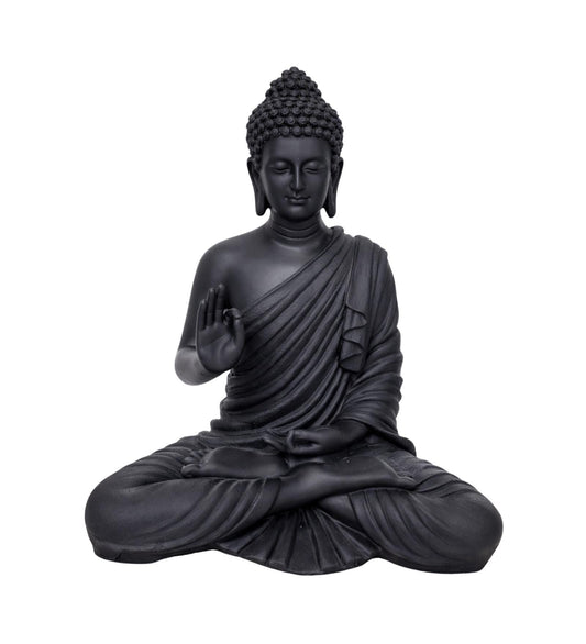 Buddha Statue 15 Inch, Abhaya Mudra Zen Sculpture, Resin Meditation Decor, Black Finish, Yoga Room Housewarming Gift