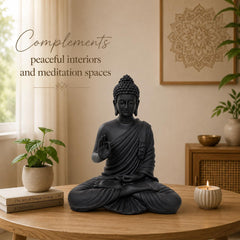 Buddha Statue 15 Inch, Abhaya Mudra Zen Sculpture, Resin Meditation Decor, Black Finish, Yoga Room Housewarming Gift