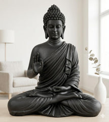 Buddha Statue 15 Inch, Abhaya Mudra Zen Sculpture, Resin Meditation Decor, Black Finish, Yoga Room Housewarming Gift