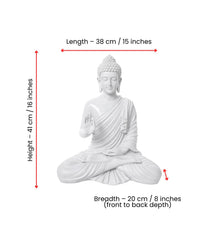 Buddha Statue 15 Inch, Abhaya Mudra Zen Sculpture, Resin Meditation Decor, White Finish, Yoga Room Housewarming Gift