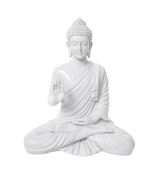 Buddha Statue 15 Inch, Abhaya Mudra Zen Sculpture, Resin Meditation Decor, White Finish, Yoga Room Housewarming Gift