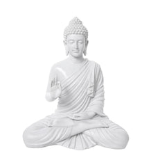 Buddha Statue 15 Inch, Abhaya Mudra Zen Sculpture, Resin Meditation Decor, White Finish, Yoga Room Housewarming Gift