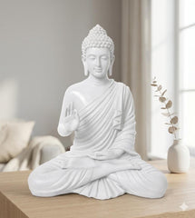 Buddha Statue 15 Inch, Abhaya Mudra Zen Sculpture, Resin Meditation Decor, White Finish, Yoga Room Housewarming Gift