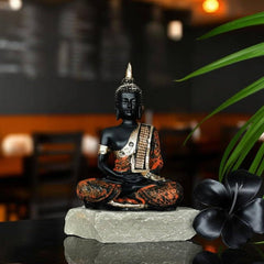 Meditating Thai Buddha Statue, Black Orange Gold Zen Idol, Indian Handcraft Home Decor