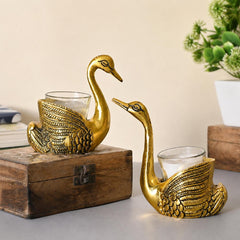 Antique Gold Swan Candle Holders Set, Romantic Aluminum Votive Stand