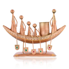 Metal Tribal Family Boat Pen Stand, Indian Folk Art Desk Organizer, Copper-Bronze Tone Sculpture
