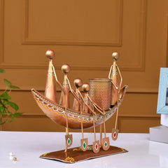 Metal Tribal Family Boat Pen Stand, Indian Folk Art Desk Organizer, Copper-Bronze Tone Sculpture