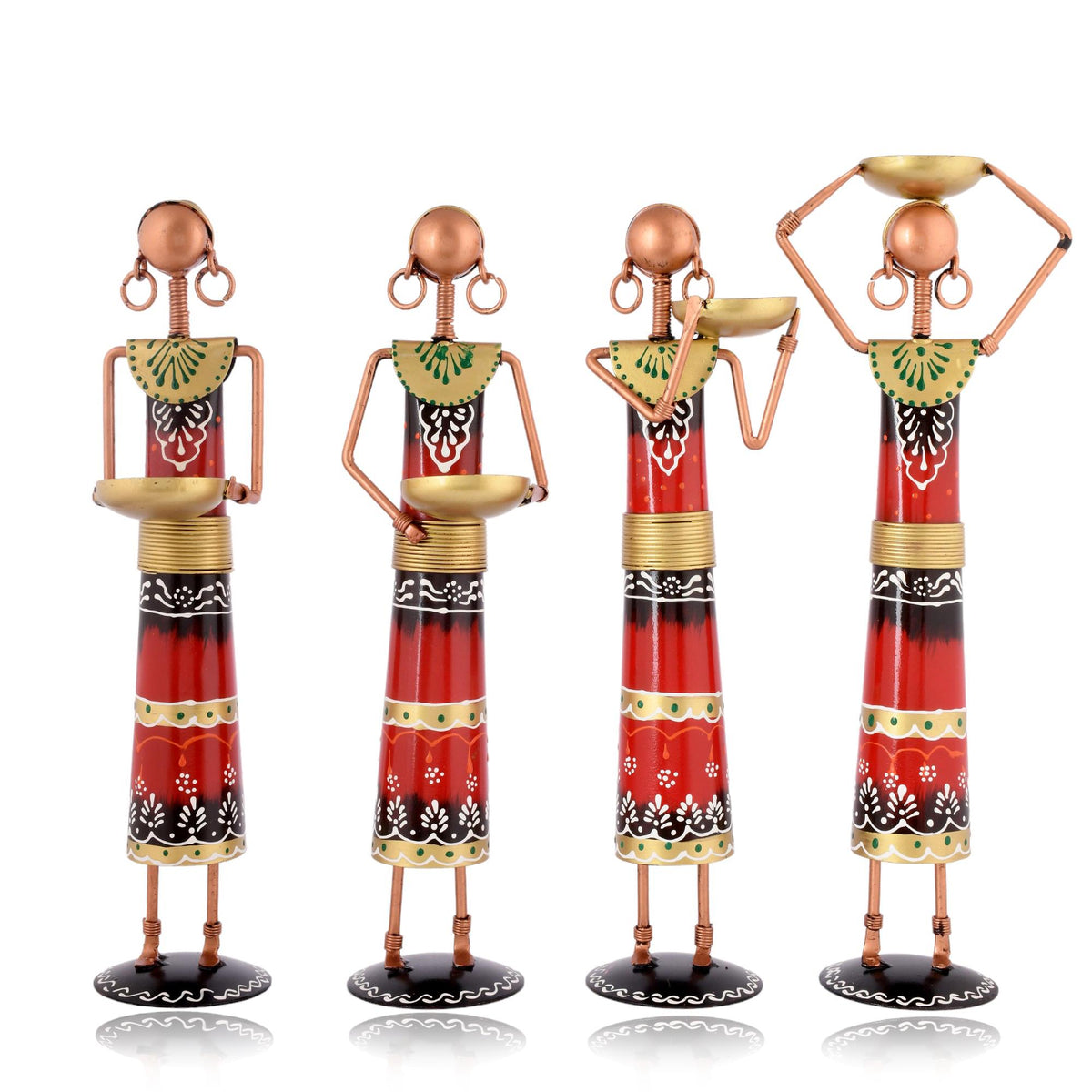 Set of 4 Tribal Women Iron Tealight Holders, Rajasthani Folk Decor, Red Ethnic Figurines