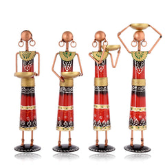 Set of 4 Tribal Women Iron Tealight Holders, Rajasthani Folk Decor, Red Ethnic Figurines