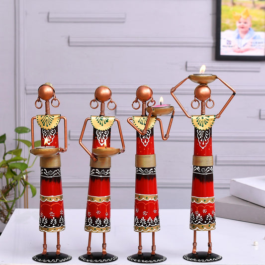 Set of 4 Tribal Women Iron Tealight Holders, Rajasthani Folk Decor, Red Ethnic Figurines