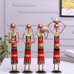Set of 4 Tribal Women Iron Tealight Holders, Rajasthani Folk Decor, Red Ethnic Figurines