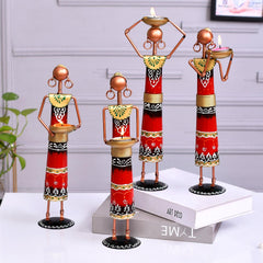 Set of 4 Tribal Women Iron Tealight Holders, Rajasthani Folk Decor, Red Ethnic Figurines