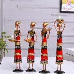 Set of 4 Tribal Women Iron Tealight Holders, Rajasthani Folk Decor, Red Ethnic Figurines