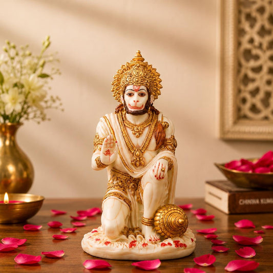 Sitting Hanuman Idol Statue | Ivory Marble Golden Finish Murti | Spiritual Protection Decor