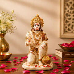 Sitting Hanuman Idol Statue | Ivory Marble Golden Finish Murti | Spiritual Protection Decor