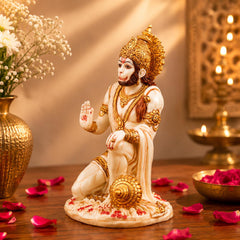 Sitting Hanuman Idol Statue | Ivory Marble Golden Finish Murti | Spiritual Protection Decor