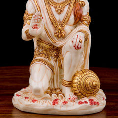 Sitting Hanuman Idol Statue | Ivory Marble Golden Finish Murti | Spiritual Protection Decor