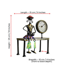 Handmade Metal Lady Musician Clock | Folk Art Boho Desk Decor, Black Finish