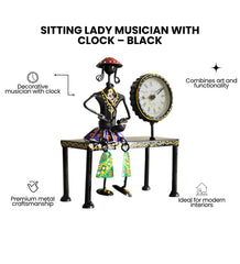 Handmade Metal Lady Musician Clock | Folk Art Boho Desk Decor, Black Finish