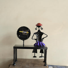 Handmade Metal Lady Musician Clock | Folk Art Boho Desk Decor, Blue Finish