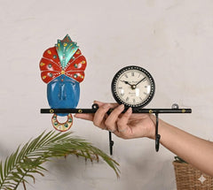 Handmade Krishna Clock Key Holder | Indian Folk Art Wall Decor, Boho Organizer