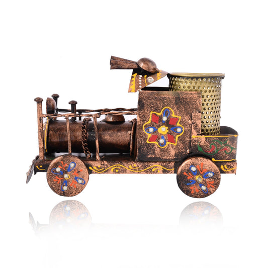 Handcrafted Metal Train Pen Holder | Antique Desk Organizer, Handpainted Office Decor
