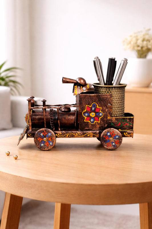 Handcrafted Metal Train Pen Holder | Antique Desk Organizer, Handpainted Office Decor