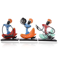 Indian Musician Figurine Set of 3, Cast Iron Folk Art Statue, Tribal Musician Decor, Boho Shelf Accent, Ethnic Home Decor, Housewarming Gift